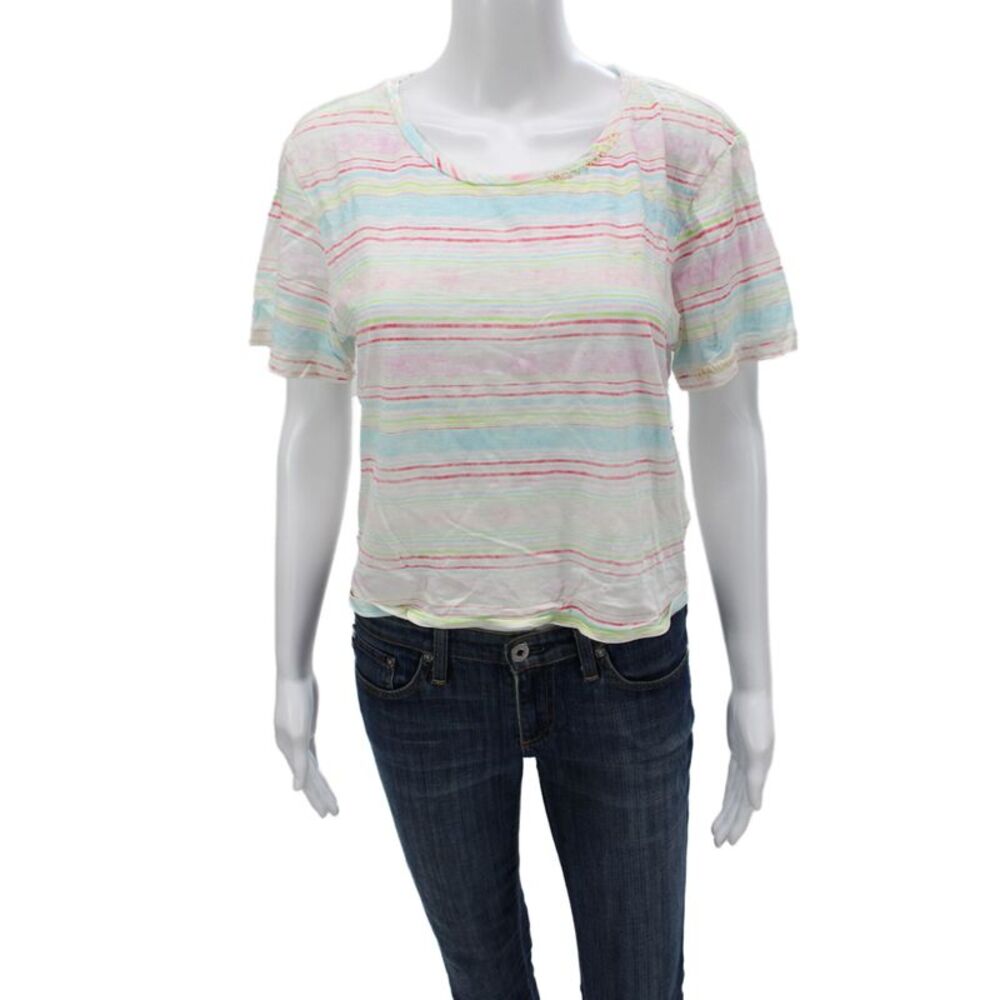 Love Shack Fancy Women Cropped Striped Light Blue T-Shirt Size S